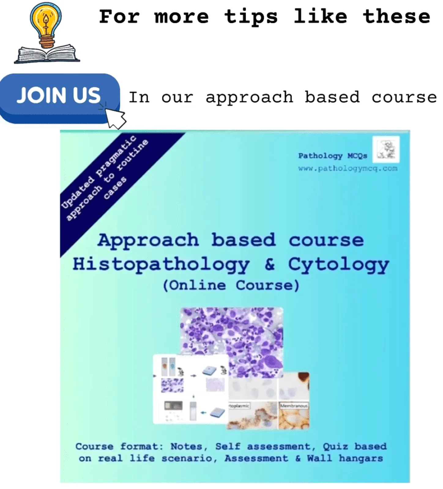 Promotional graphic for an online course in Histopathology and Cytology, featuring text about course structure and benefits, and a 'Join Us' button.
