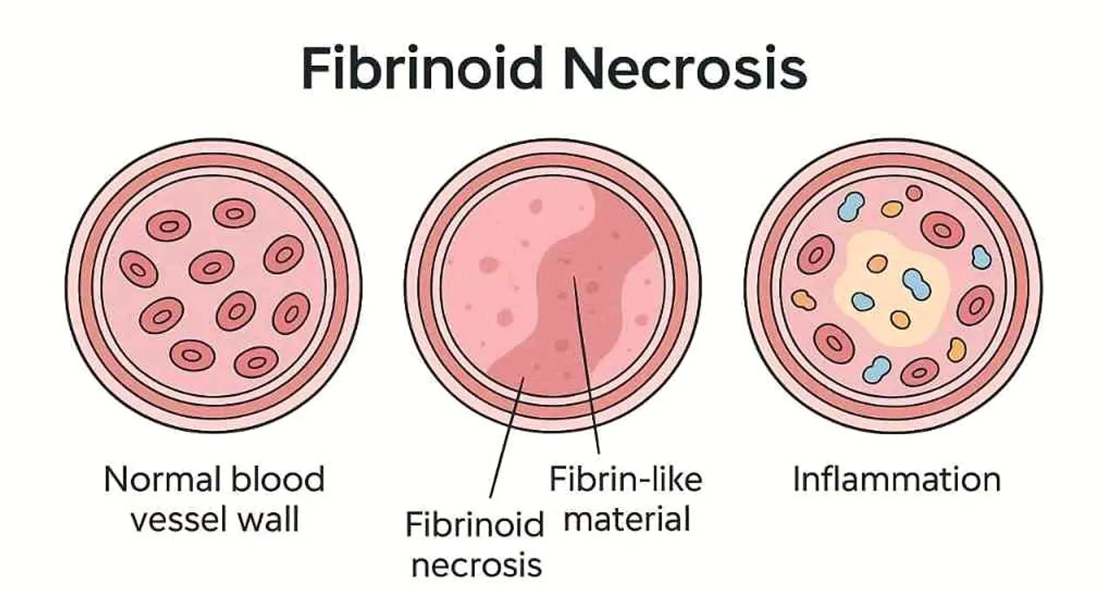 Illustration showing stages of fibrinoid necrosis with normal vessel wall, fibrin-like deposits, and inflammatory infiltrate.