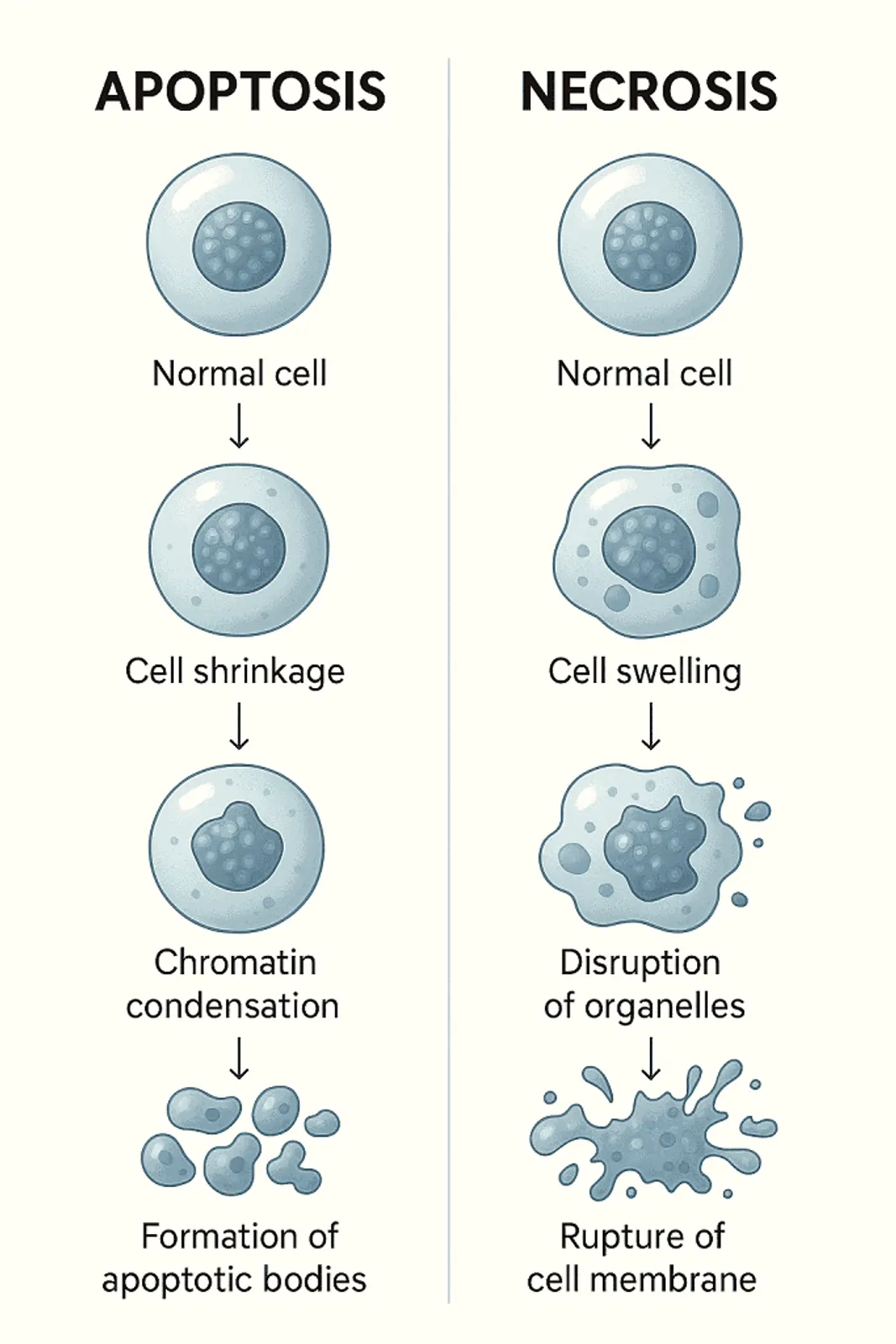 Clear medical illustration comparing apoptosis and necrosis for pathology study