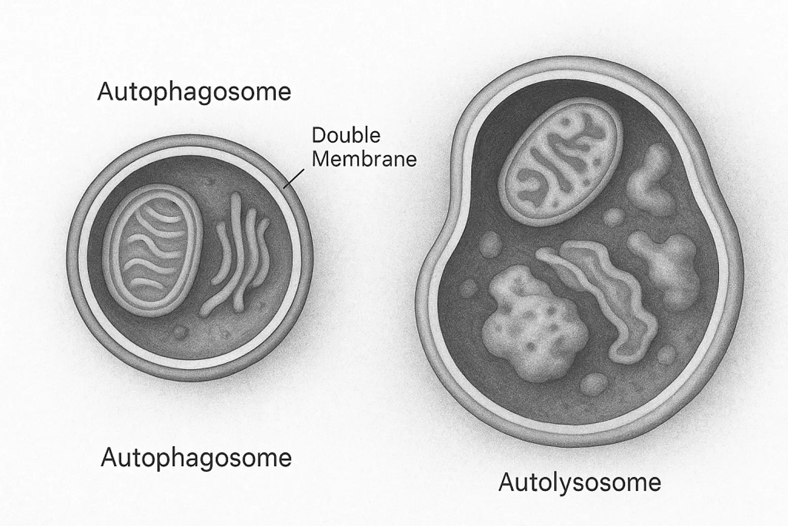 “Electron microscopy style illustration showing a double-membrane autophagosome containing cytoplasmic organelles during autophagy.”