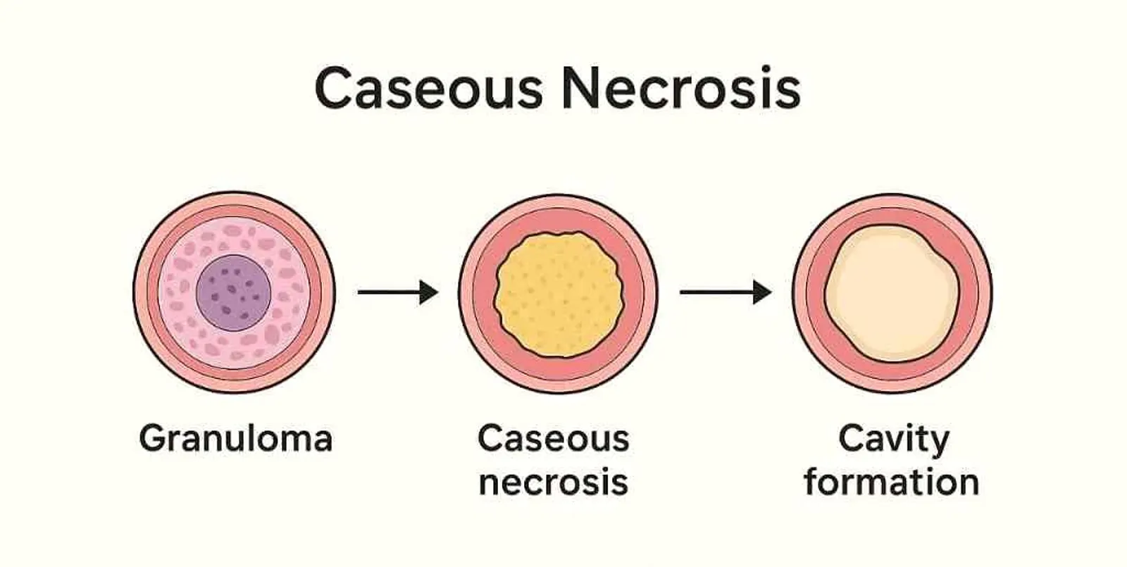 Diagram illustrating caseous necrosis showing granuloma, caseous necrotic center, and final cavity formation