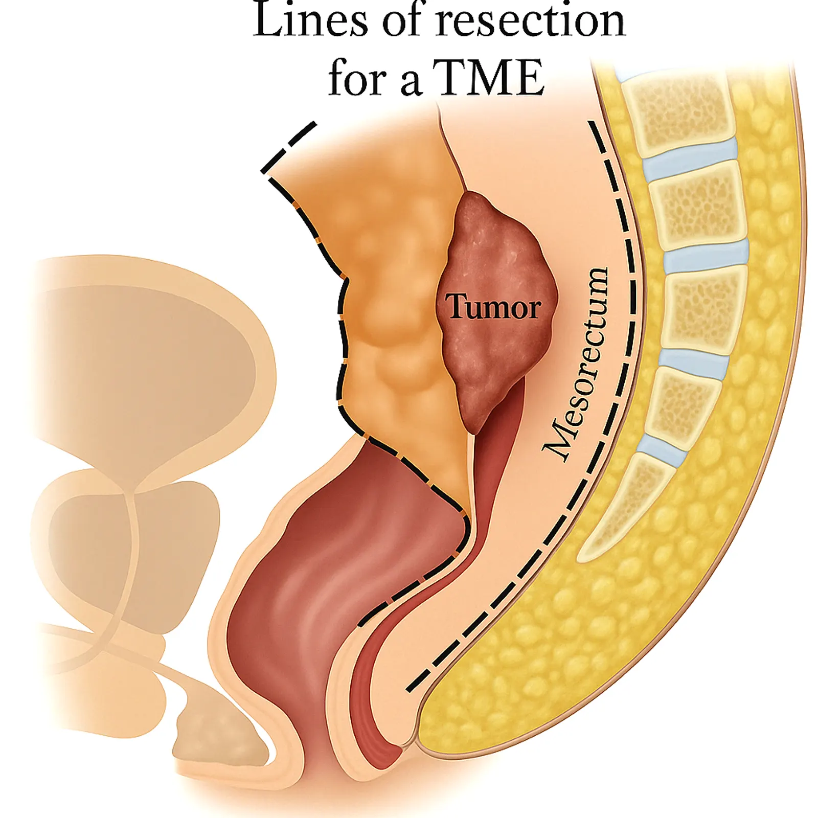 Illustration showing the anatomical lines of resection for Total Mesorectal Excision (TME), highlighting the tumor location and surrounding mesorectum.