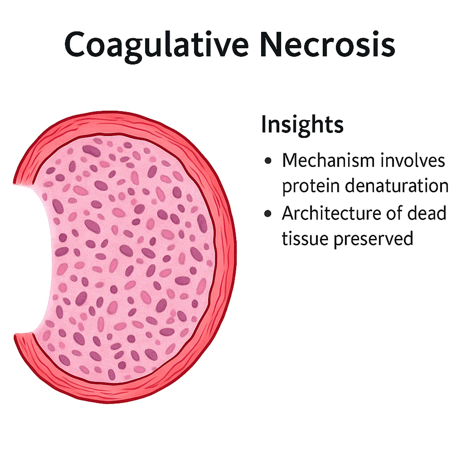 Illustration of coagulative necrosis showing preserved tissue architecture with eosinophilic cytoplasm and nuclear breakdown