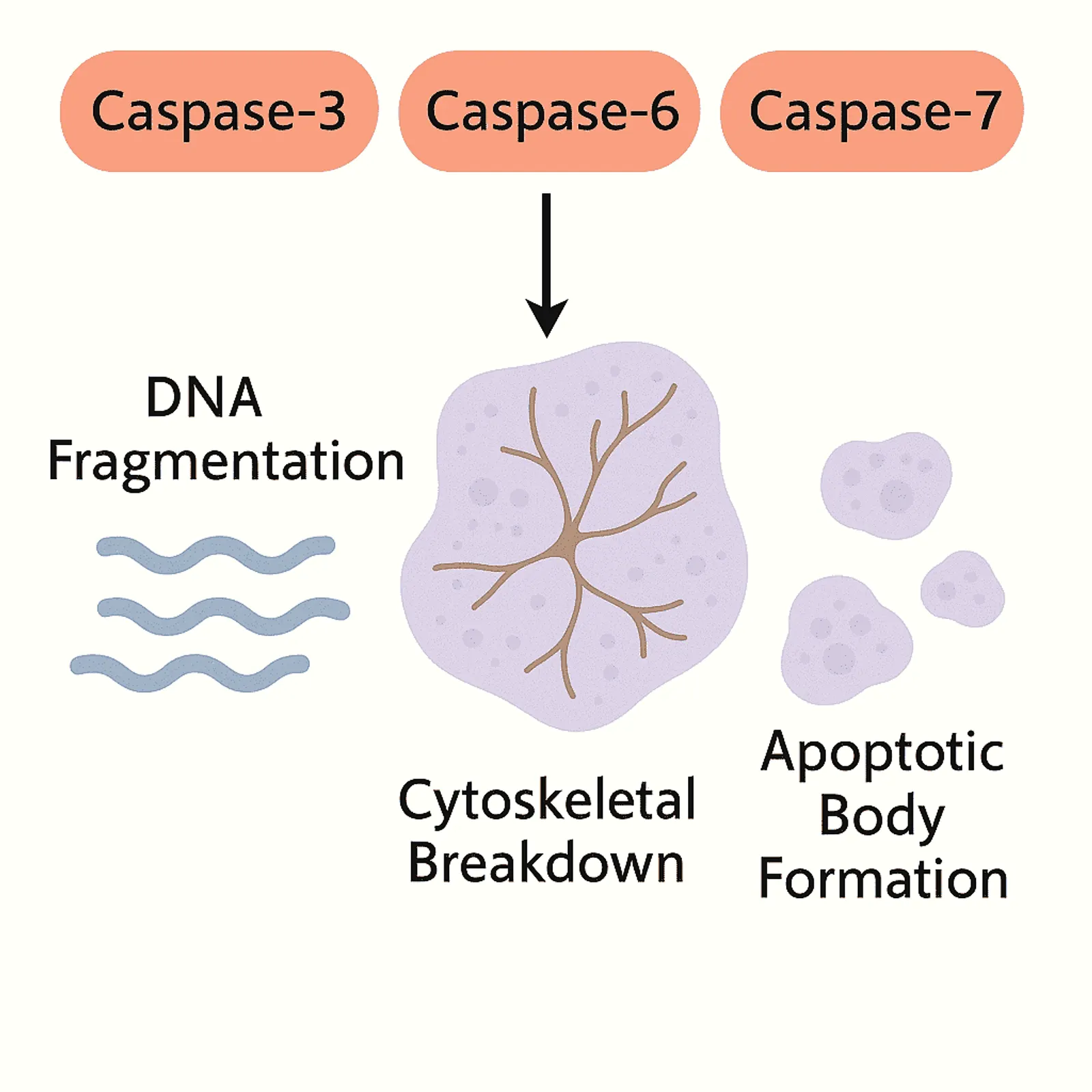 High quality medical illustration of the apoptosis execution phase with caspase 3, 6 and 7 activation, DNA fragmentation, cytoskeletal breakdown and apoptotic body formation.