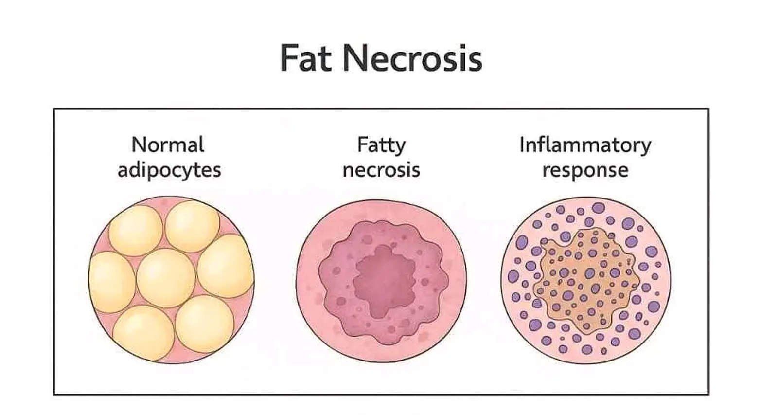 Illustration of fat necrosis showing normal adipocytes, necrotic fat cells, and inflammatory response with clear medical labeling
