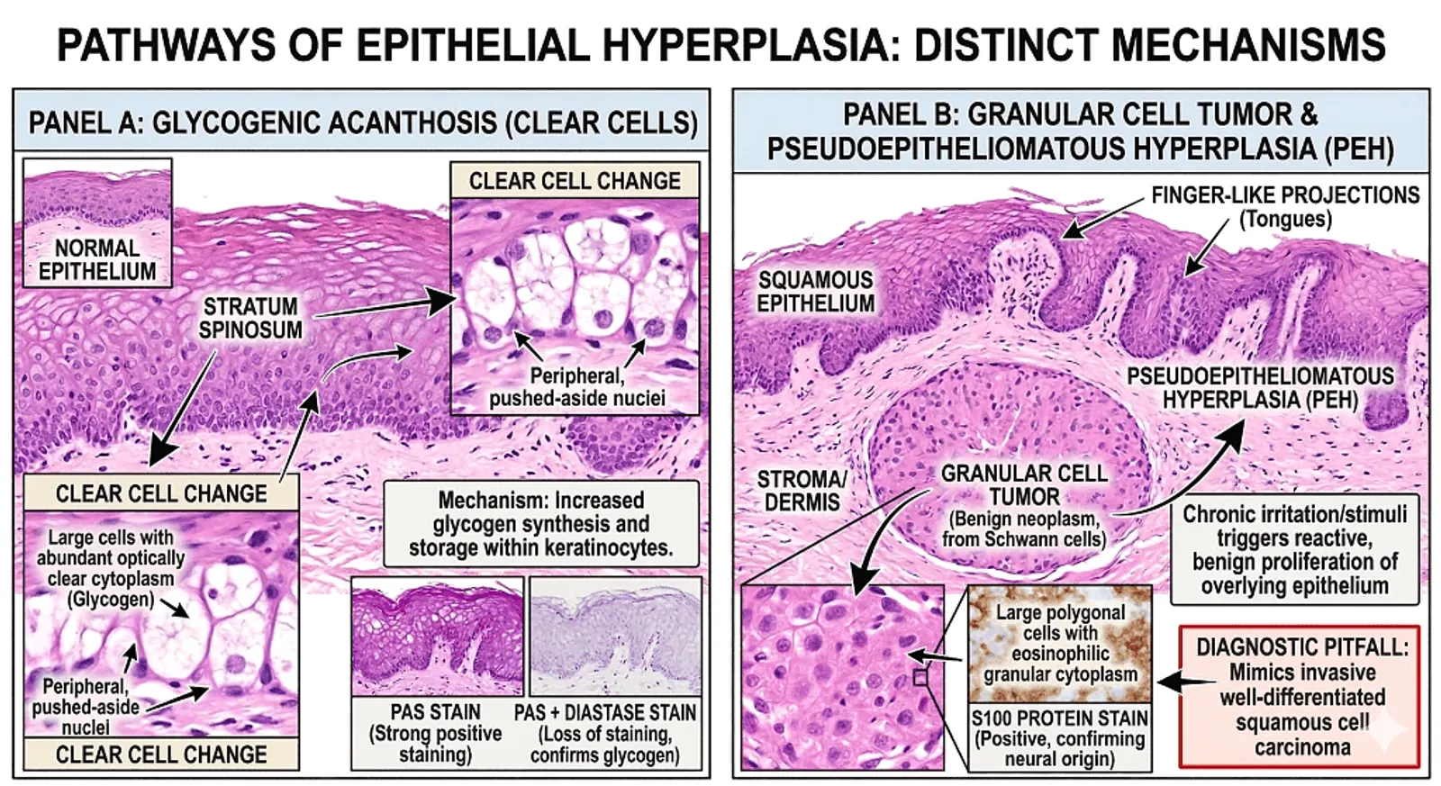 Diagram illustrating pathways of epithelial hyperplasia with two panels: Panel A depicts glycogenic acanthosis featuring clear cell changes and explanations of mechanisms and staining techniques; Panel B shows granular cell tumor and pseudopitheliomatous hyperplasia, highlighting characteristics and diagnostic pitfalls.