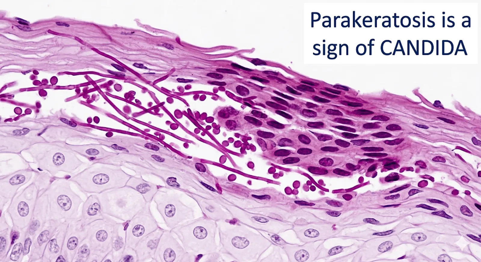 Microscopic view of skin tissue showing parakeratosis, with purple-stained Candida fungi present among the cells.