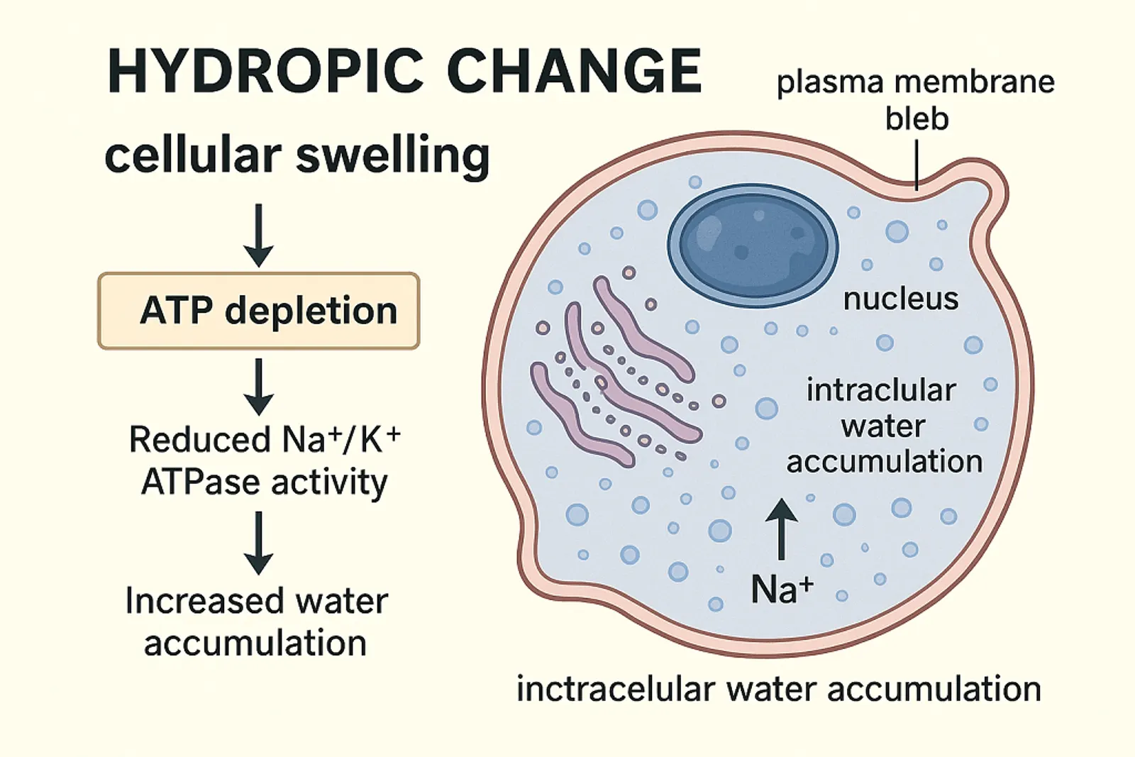 Diagram showing hydropic change with ATP depletion, Na⁺/K⁺ ATPase failure, water influx, and cellular swelling in reversible cell injury