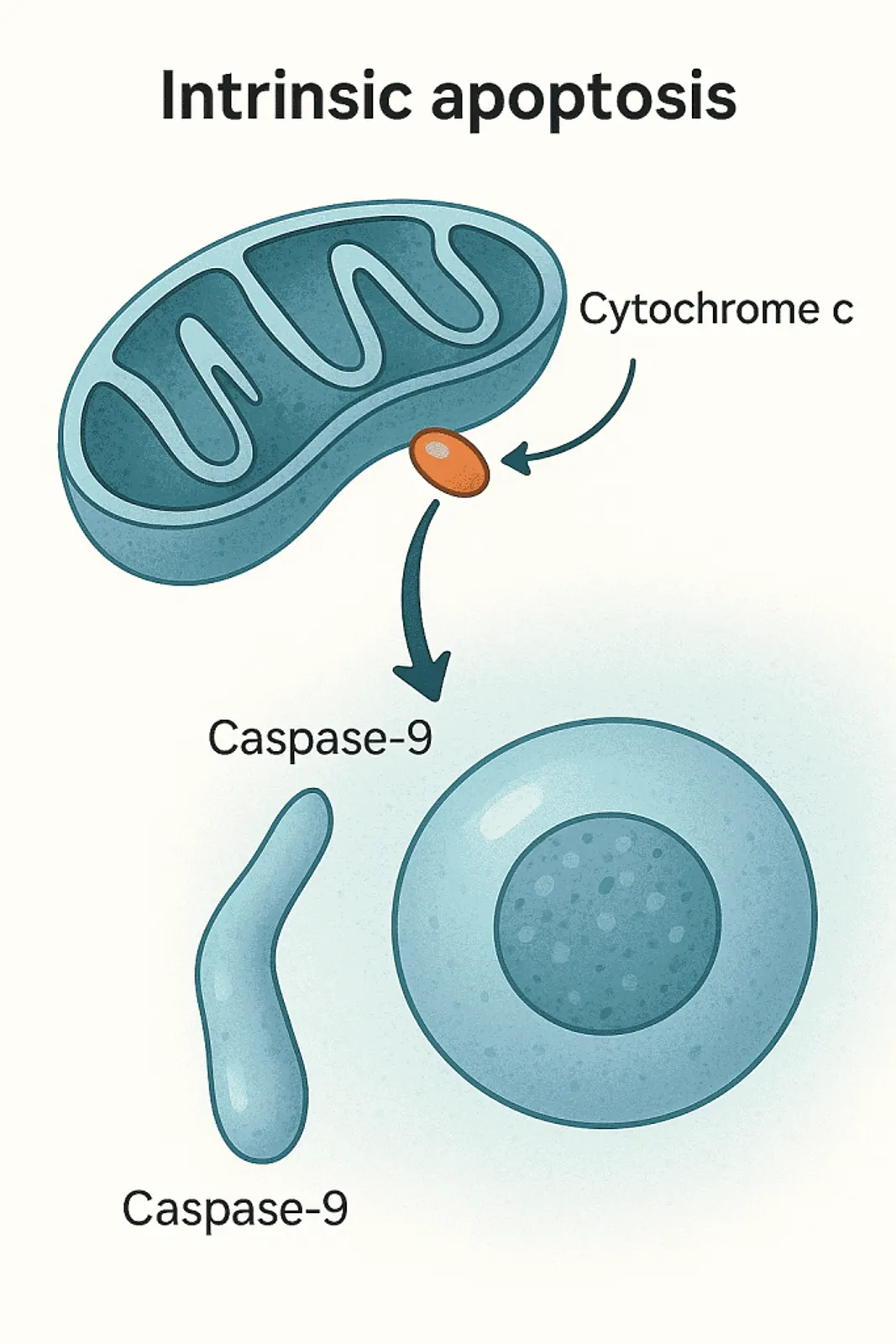 High quality medical illustration showing intrinsic apoptosis with cytochrome c release and caspase 9 activation for pathology learning.