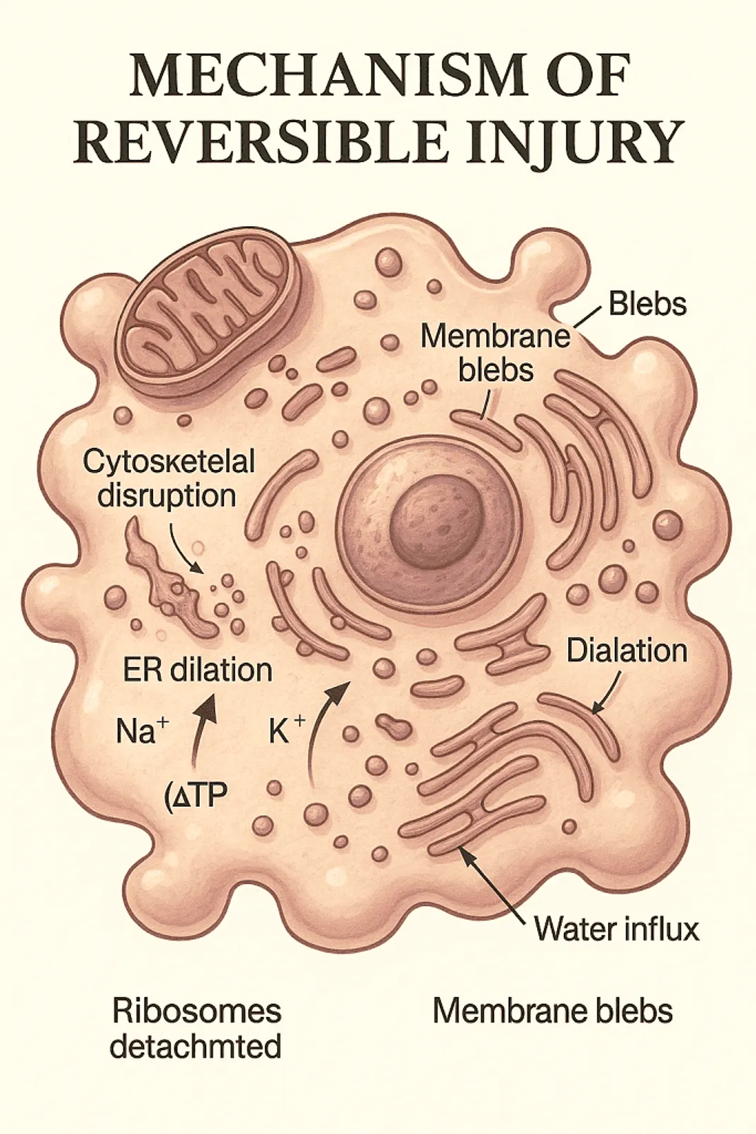 Illustration showing ATP depletion leading to Na⁺/K⁺ pump failure, cellular swelling, ER dilation, and membrane blebs in reversible cell injury