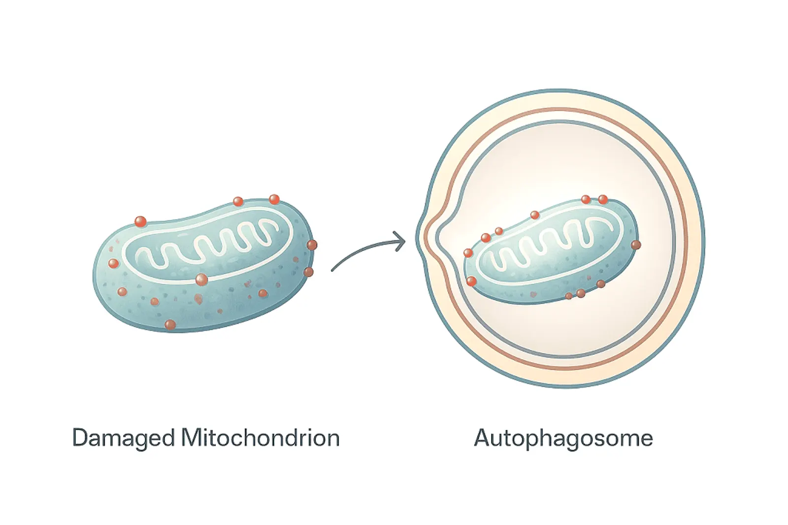 “Medical illustration of mitophagy showing selective engulfment of a damaged mitochondrion by an autophagosome, representing the PINK1–Parkin-regulated pathway.”
