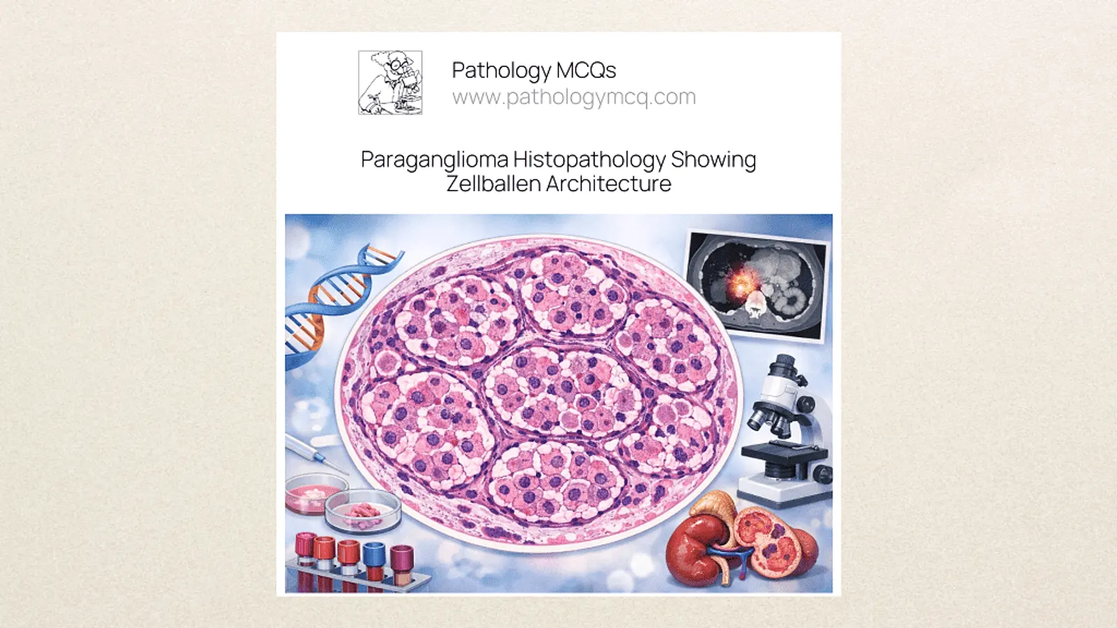 Histopathology of paraganglioma demonstrating zellballen pattern with nested tumor cells and fibrovascular stroma