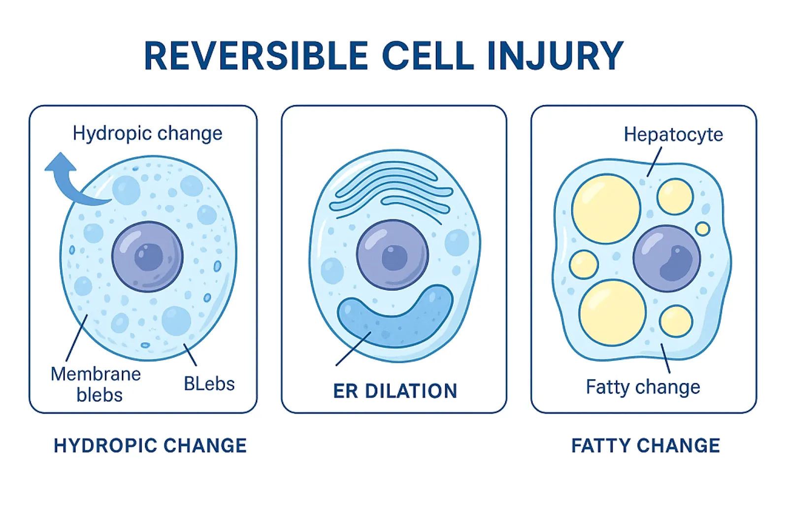 Infographic showing hydropic change, cellular swelling, ER dilation and fatty change in reversible cell injury
