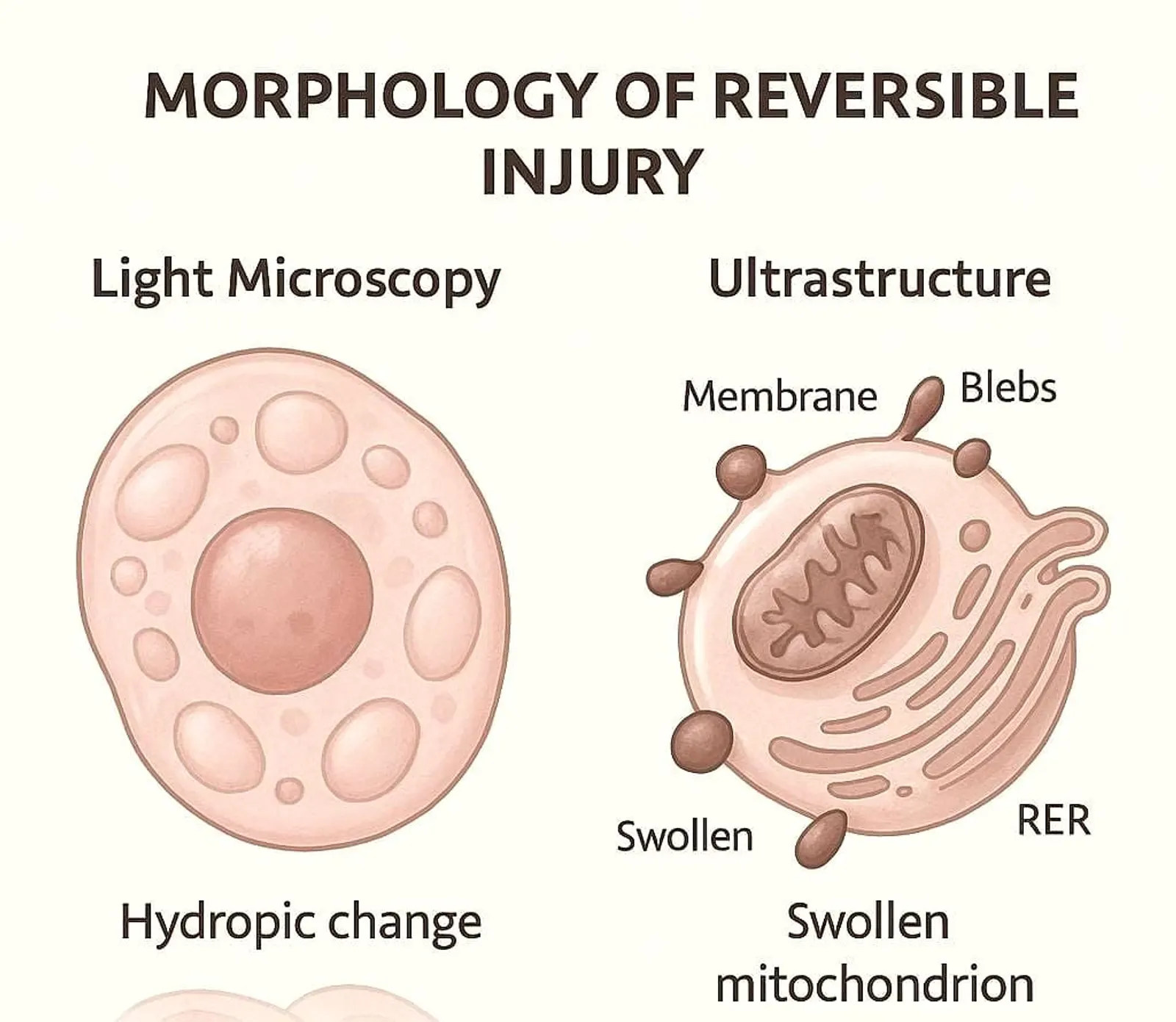Medical illustration showing light microscopy features (hydropic swelling) and ultrastructural features (membrane blebs, swollen mitochondria, RER dilation) of reversible cell injury