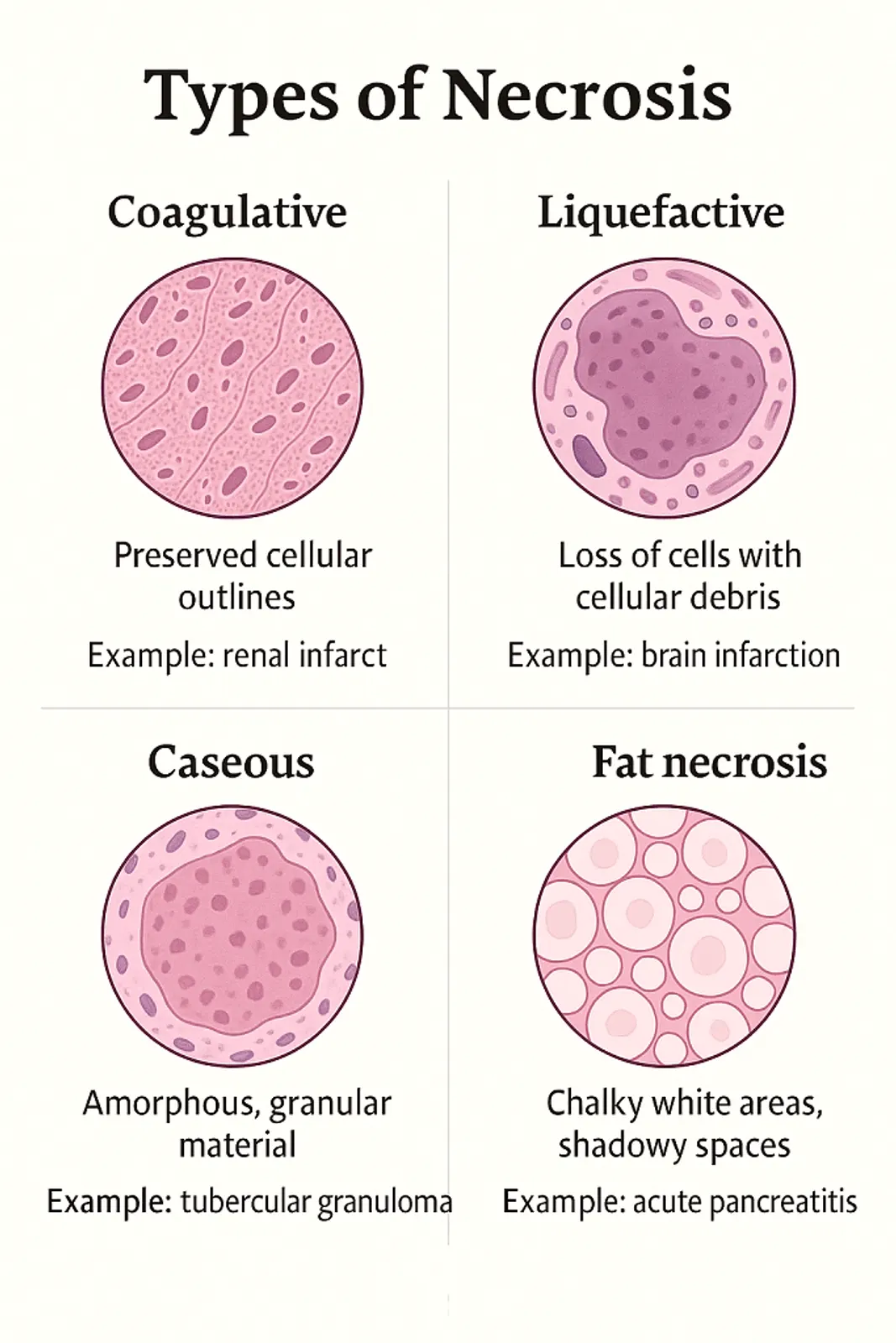 Types of necrosis: coagulative, liquefactive, caseous, fat necrosis with pathology examples